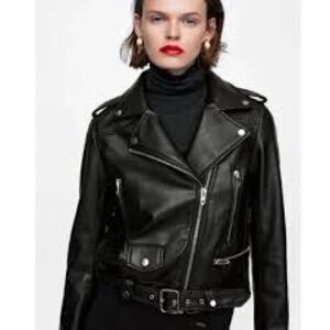 Zara Black Faux Leather Moto Jacket XS Asymmetrical Zip No Belt